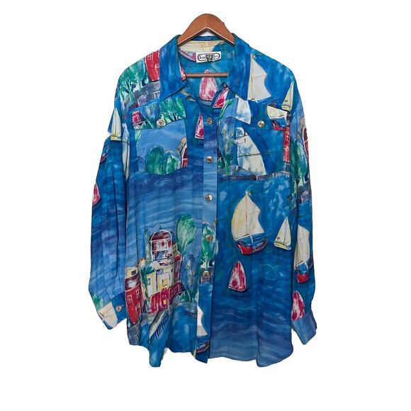 Saint Germain Paris Art To Wear Button Front Tunic Shirt Women’s Sz Large Blue - Picture 1 of 9